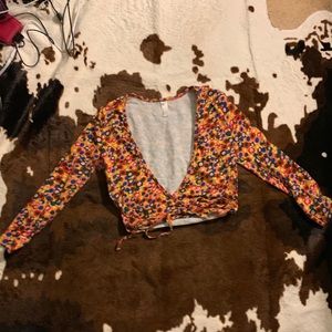 XS American apparel bright floral print wrap top